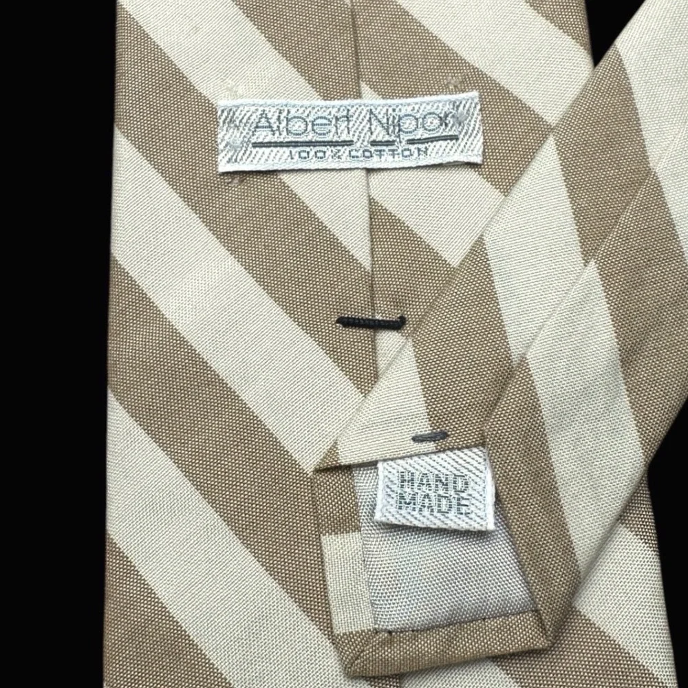 Albert Nipon Tan White Striped Cotton Necktie Hand Made Men's Tie